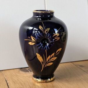 Vintage Cobalt Blue, Gold Flowers Vase by B&H Halbach Geschenke - Germany